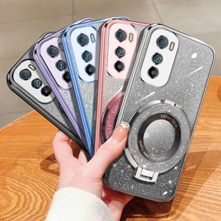 For Motorola Edge 30 Plated Gradient Glitter Round Holder TPU Phone Case(Silver)