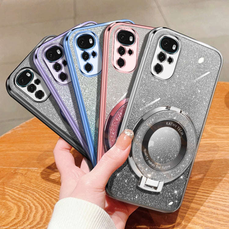 For Motorola Moto G22 Plated Gradient Glitter Round Holder TPU Phone Case(Silver)
