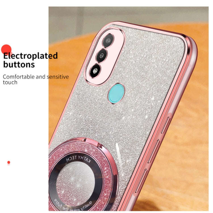 For Motorola Moto E20 Plated Gradient Glitter Round Holder TPU Phone Case(Black)