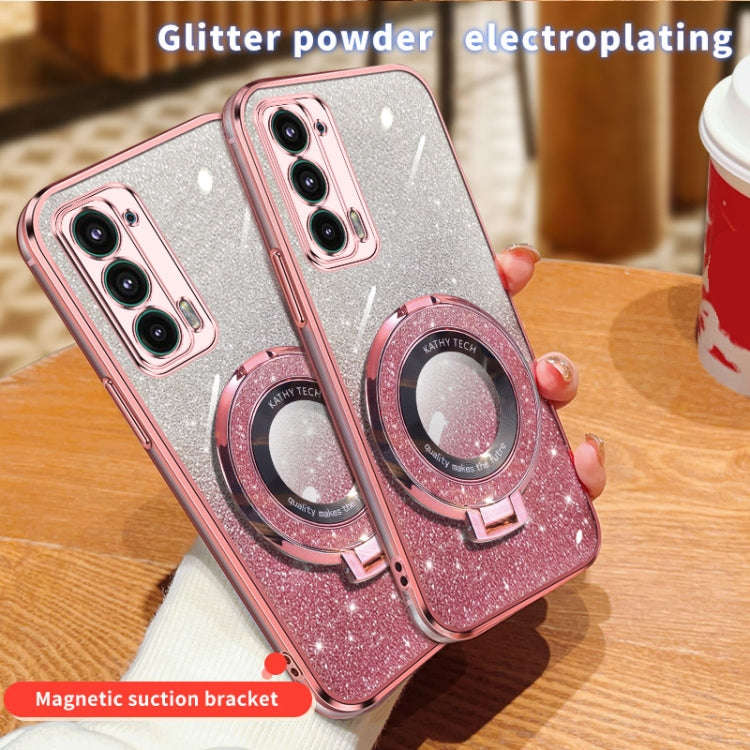 For Motorola Edge 20 Plated Gradient Glitter Round Holder TPU Phone Case(Pink)