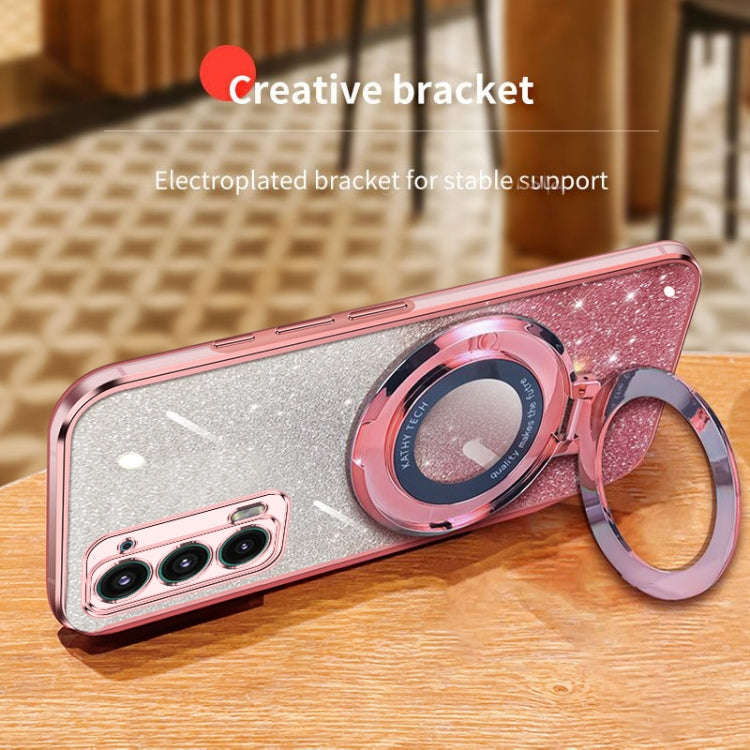 For Motorola Edge 20 Plated Gradient Glitter Round Holder TPU Phone Case(Pink)