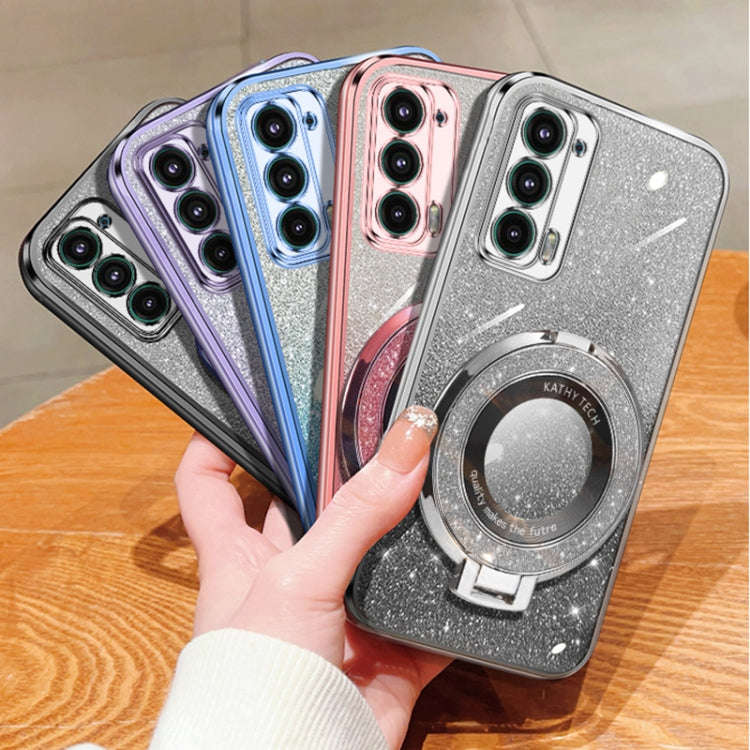 For Motorola Edge 20 Plated Gradient Glitter Round Holder TPU Phone Case(Silver)