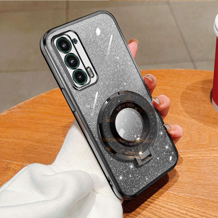 For Motorola Edge 20 Plated Gradient Glitter Round Holder TPU Phone Case(Black)