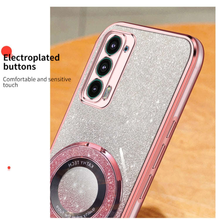 For Motorola Edge 20 Plated Gradient Glitter Round Holder TPU Phone Case(Black)