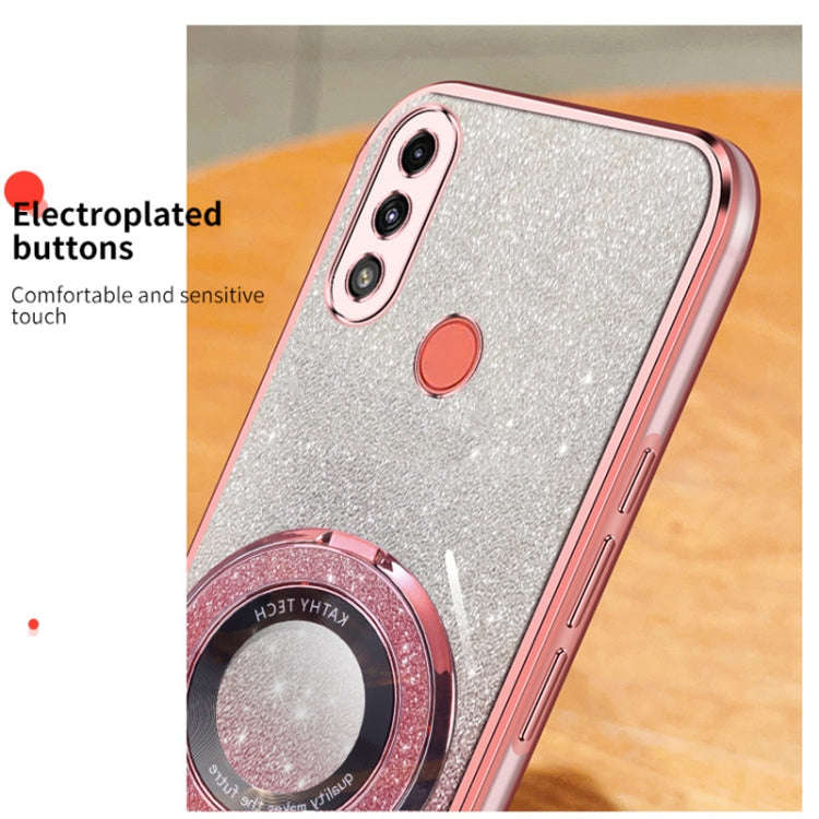 For Motorola Moto E7 Power Plated Gradient Glitter Round Holder TPU Phone Case(Pink)