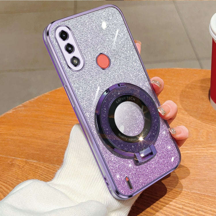 For Motorola Moto E7 Power Plated Gradient Glitter Round Holder TPU Phone Case(Purple)