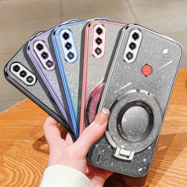 For Motorola Moto E7 Power Plated Gradient Glitter Round Holder TPU Phone Case(Silver)
