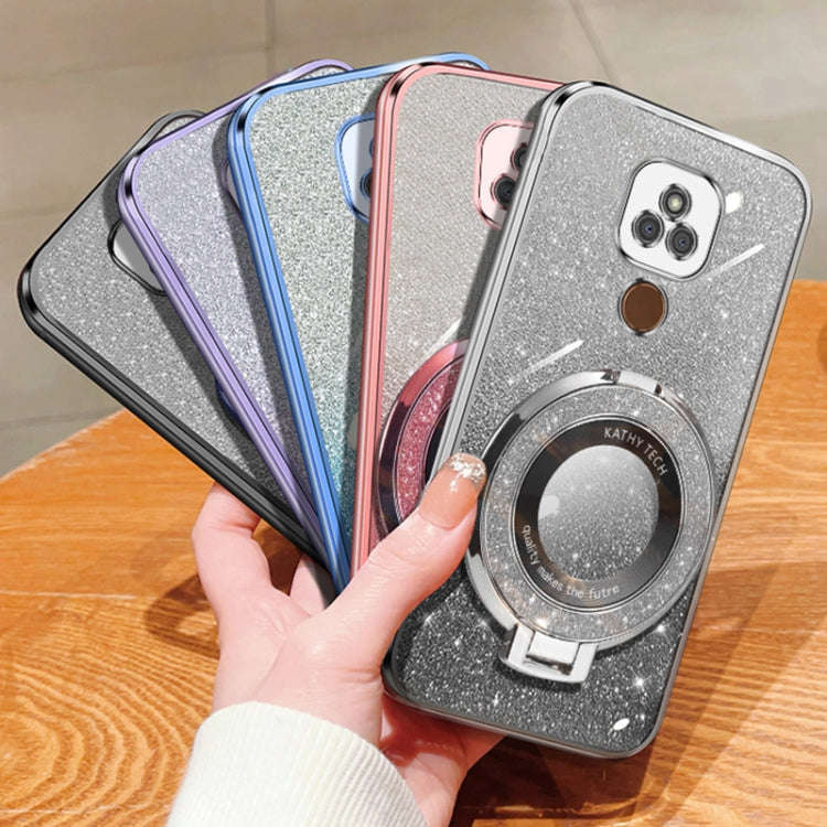 For Motorola Moto E7 Plus Plated Gradient Glitter Round Holder TPU Phone Case(Purple)