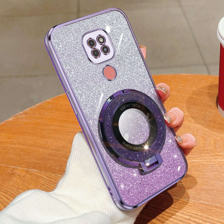 For Motorola Moto G9 Play Plated Gradient Glitter Round Holder TPU Phone Case(Purple)