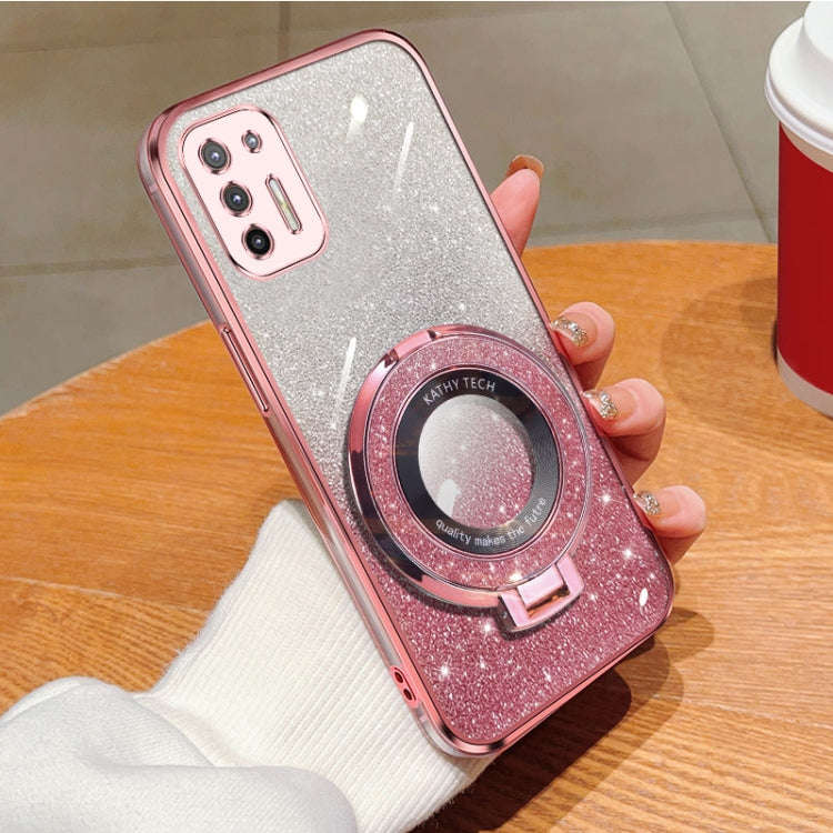For Motorola Moto G9 Plus Plated Gradient Glitter Round Holder TPU Phone Case(Pink)