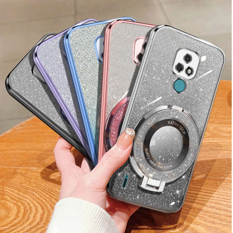 For Motorola Moto E7 Plated Gradient Glitter Round Holder TPU Phone Case(Purple)