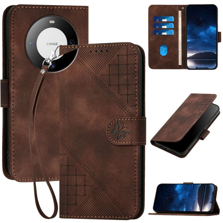 For Huawei Mate 60 Grid Butterfly Embossed Pattern Leather Phone Case with Lanyard(Coffee)