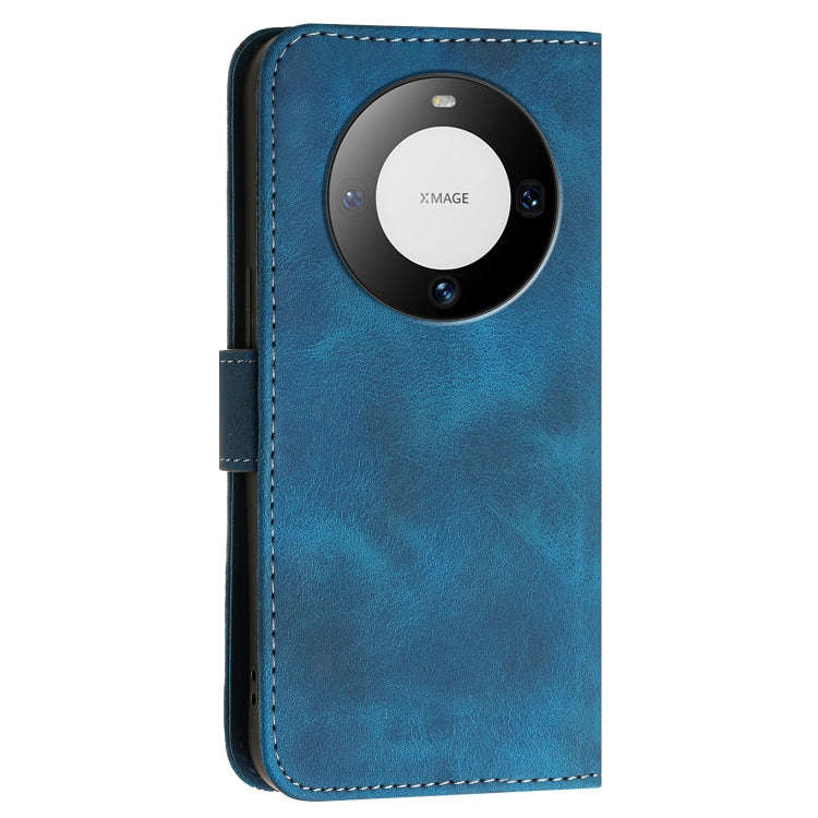 For Huawei Mate 60 Pro Grid Butterfly Embossed Pattern Leather Phone Case with Lanyard(Dark Blue)