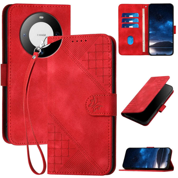 For Huawei Mate 60 Pro Grid Butterfly Embossed Pattern Leather Phone Case with Lanyard(Red)