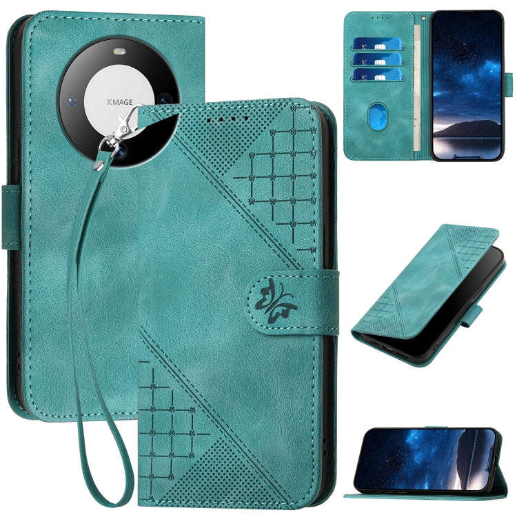 For Huawei Mate 60 Pro Grid Butterfly Embossed Pattern Leather Phone Case with Lanyard(Light Blue)