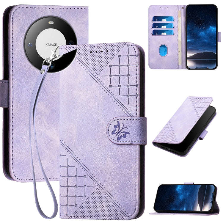 For Huawei Mate 60 Pro Grid Butterfly Embossed Pattern Leather Phone Case with Lanyard(Light Purple)