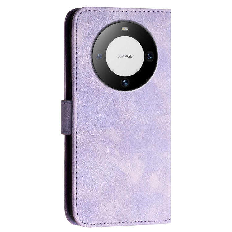 For Huawei Mate 60 Pro Grid Butterfly Embossed Pattern Leather Phone Case with Lanyard(Light Purple)