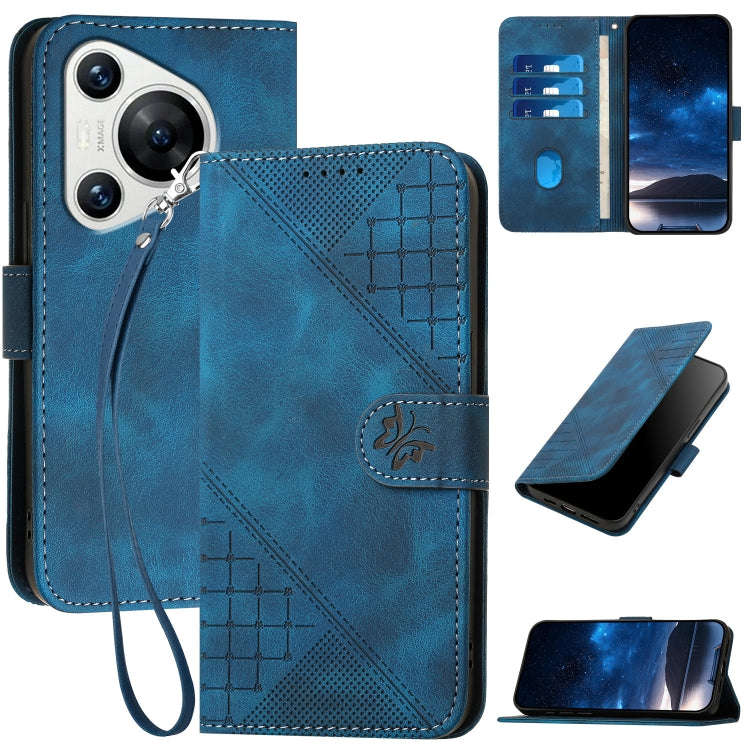 For Huawei Pura 70 Grid Butterfly Embossed Pattern Leather Phone Case with Lanyard(Dark Blue)