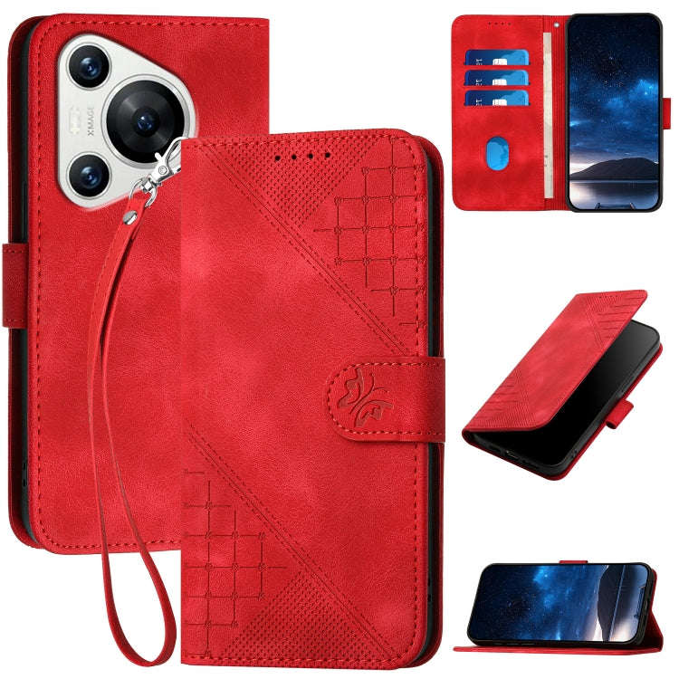 For Huawei Pura 70 Grid Butterfly Embossed Pattern Leather Phone Case with Lanyard(Red)
