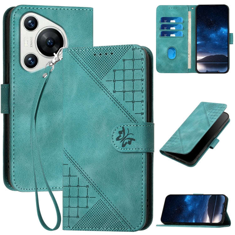 For Huawei Pura 70 Grid Butterfly Embossed Pattern Leather Phone Case with Lanyard(Light Blue)