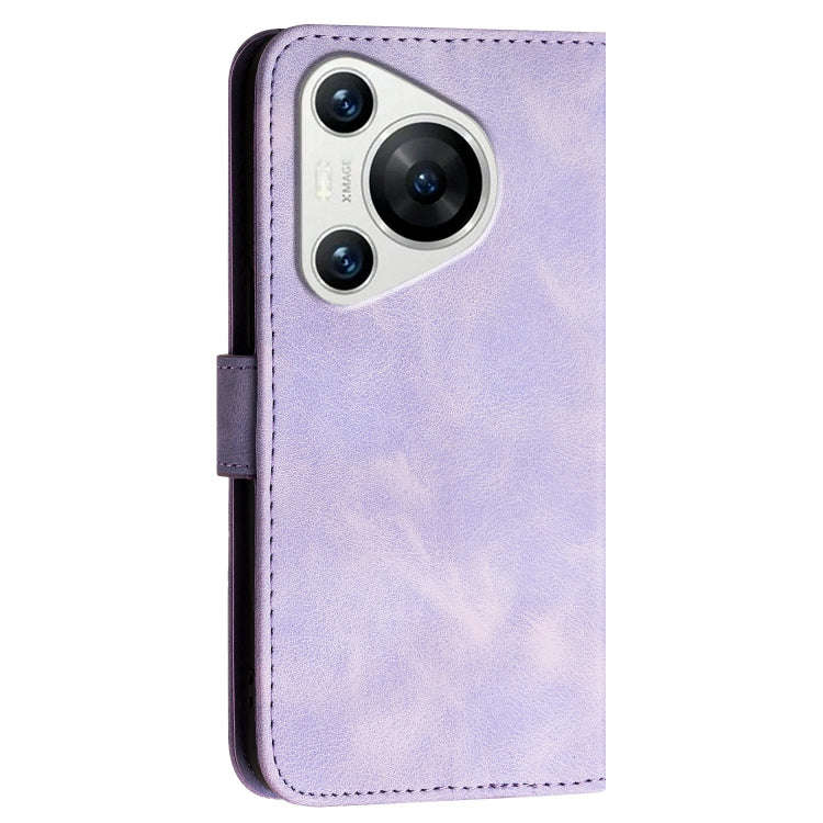 For Huawei Pura 70 Grid Butterfly Embossed Pattern Leather Phone Case with Lanyard(Light Purple)