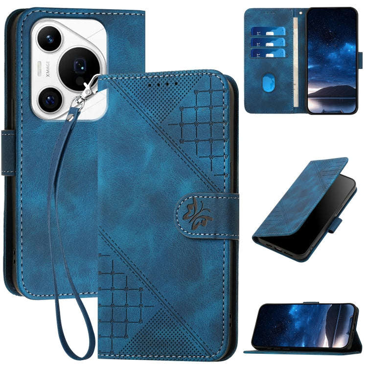 For Huawei Pura 70 Pro / Pura 70 Pro+ Grid Butterfly Embossed Pattern Leather Phone Case with Lan...