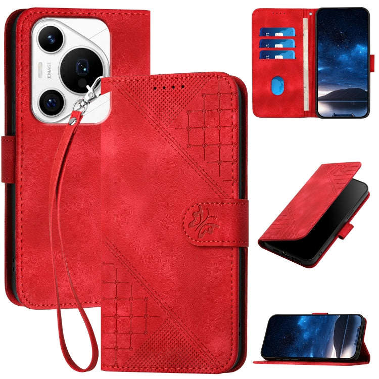 For Huawei Pura 70 Pro / Pura 70 Pro+ Grid Butterfly Embossed Pattern Leather Phone Case with Lan...