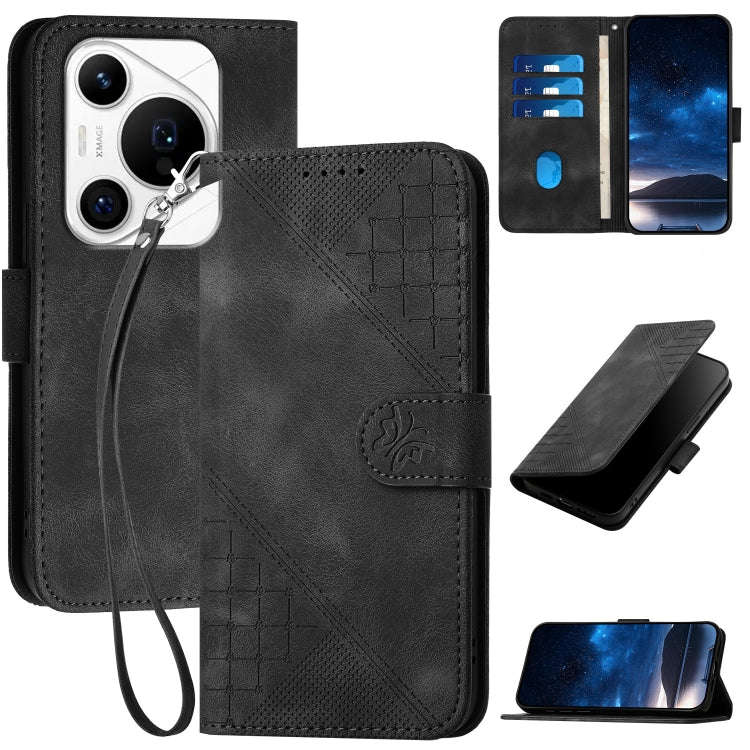 For Huawei Pura 70 Pro / Pura 70 Pro+ Grid Butterfly Embossed Pattern Leather Phone Case with Lan...