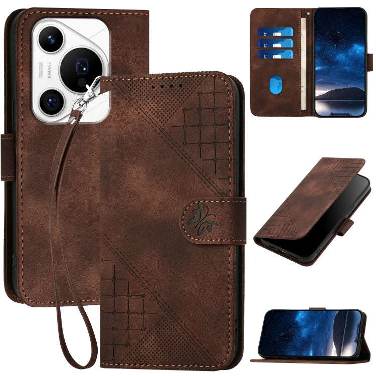 For Huawei Pura 70 Pro / Pura 70 Pro+ Grid Butterfly Embossed Pattern Leather Phone Case with Lan...