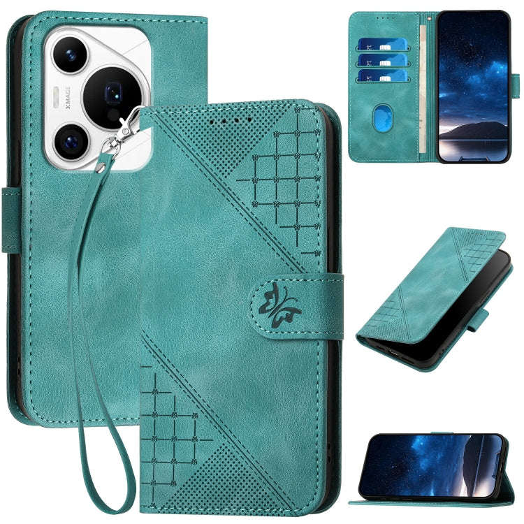 For Huawei Pura 70 Pro / Pura 70 Pro+ Grid Butterfly Embossed Pattern Leather Phone Case with Lan...