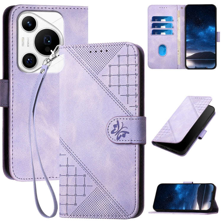 For Huawei Pura 70 Pro / Pura 70 Pro+ Grid Butterfly Embossed Pattern Leather Phone Case with Lan...
