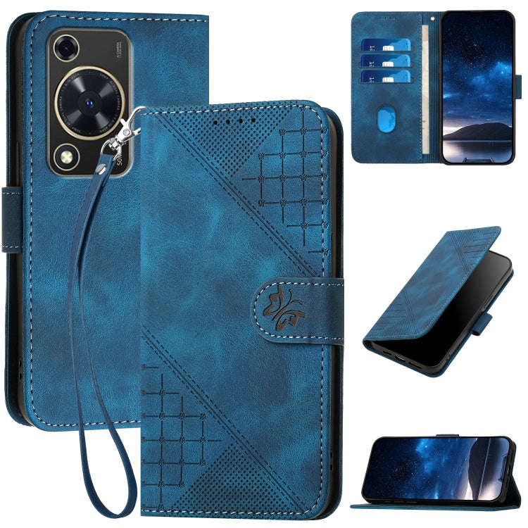 For Huawei Enjoy 70 Grid Butterfly Embossed Pattern Leather Phone Case with Lanyard(Dark Blue)