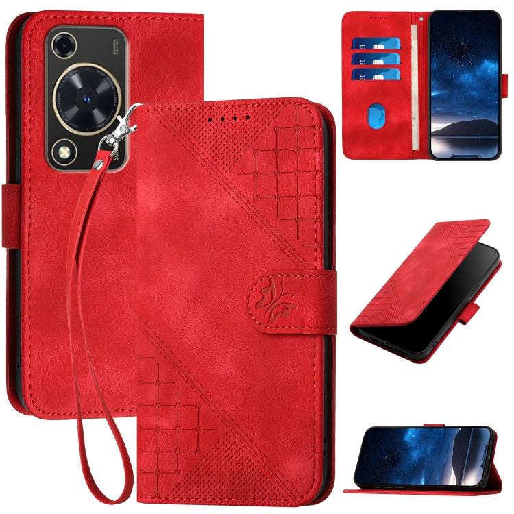 For Huawei Enjoy 70 Grid Butterfly Embossed Pattern Leather Phone Case with Lanyard(Red)