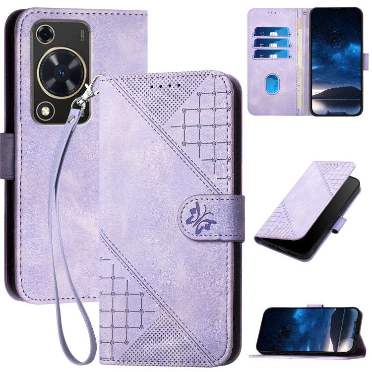 For Huawei Enjoy 70 Grid Butterfly Embossed Pattern Leather Phone Case with Lanyard(Light Purple)