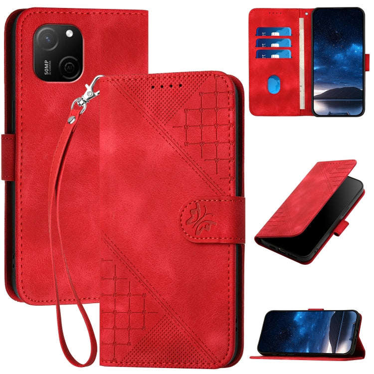 For Huawei Maimang A20 Grid Butterfly Embossed Pattern Leather Phone Case with Lanyard(Red)