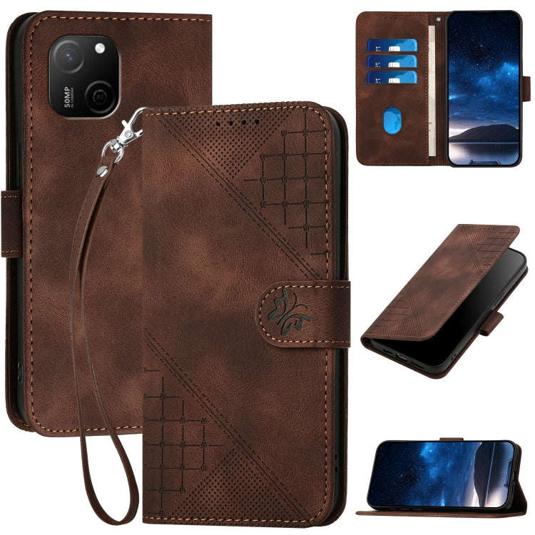 For Huawei Maimang A20 Grid Butterfly Embossed Pattern Leather Phone Case with Lanyard(Coffee)