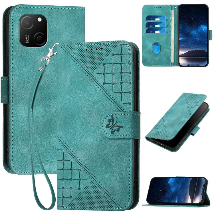 For Huawei Maimang A20 Grid Butterfly Embossed Pattern Leather Phone Case with Lanyard(Light Blue)