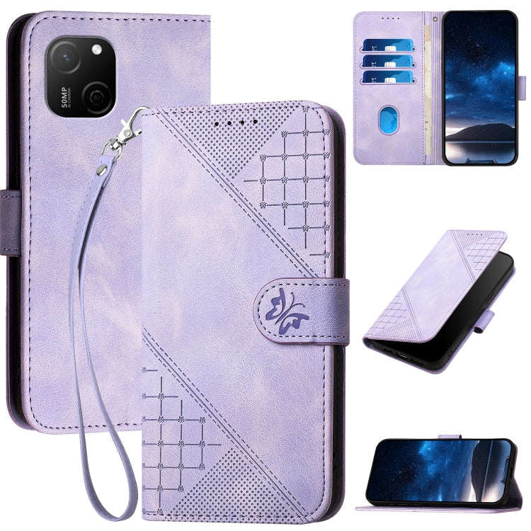For Huawei Maimang A20 Grid Butterfly Embossed Pattern Leather Phone Case with Lanyard(Light Purple)