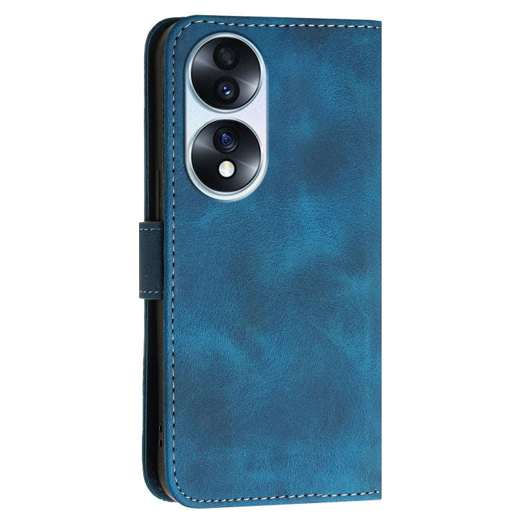 For Honor 70 Grid Butterfly Embossed Pattern Leather Phone Case with Lanyard(Dark Blue)