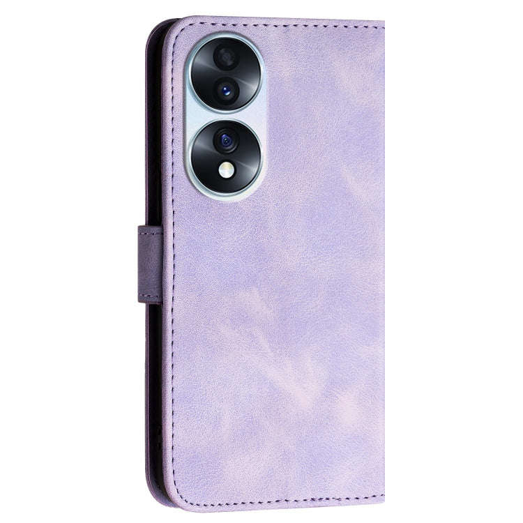 For Honor 70 Grid Butterfly Embossed Pattern Leather Phone Case with Lanyard(Light Purple)