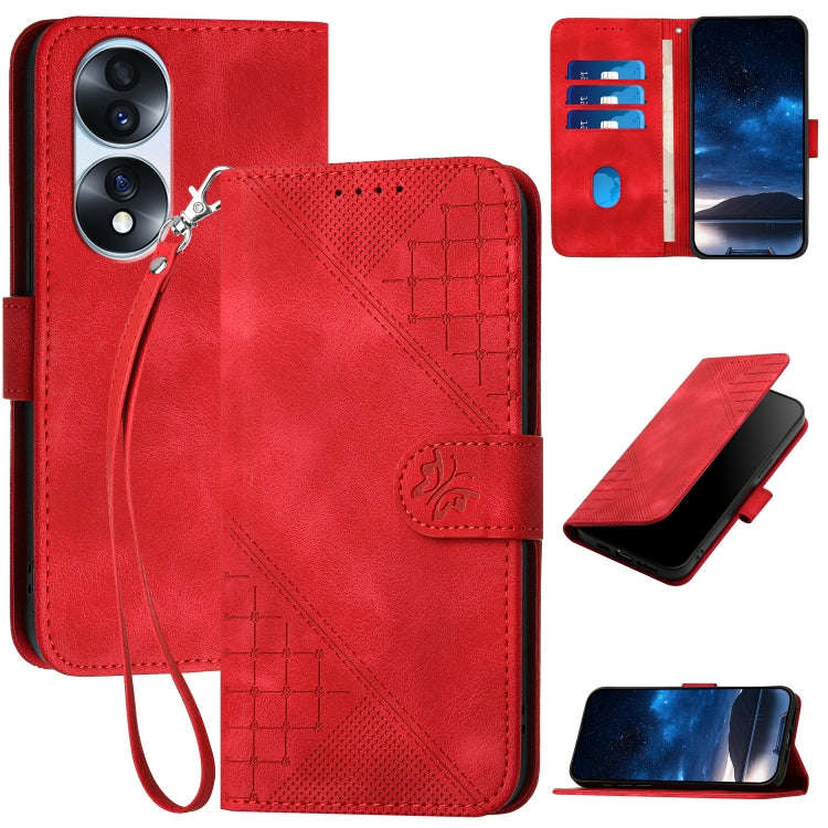 For Honor 70 Pro / 70 Pro+ Grid Butterfly Embossed Pattern Leather Phone Case with Lanyard(Red)