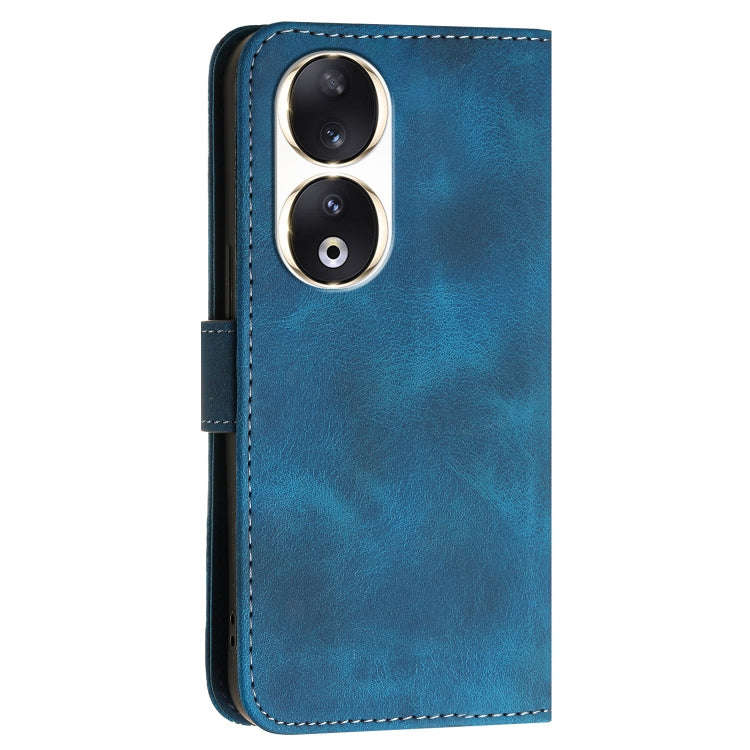 For Honor 90 Grid Butterfly Embossed Pattern Leather Phone Case with Lanyard(Dark Blue)