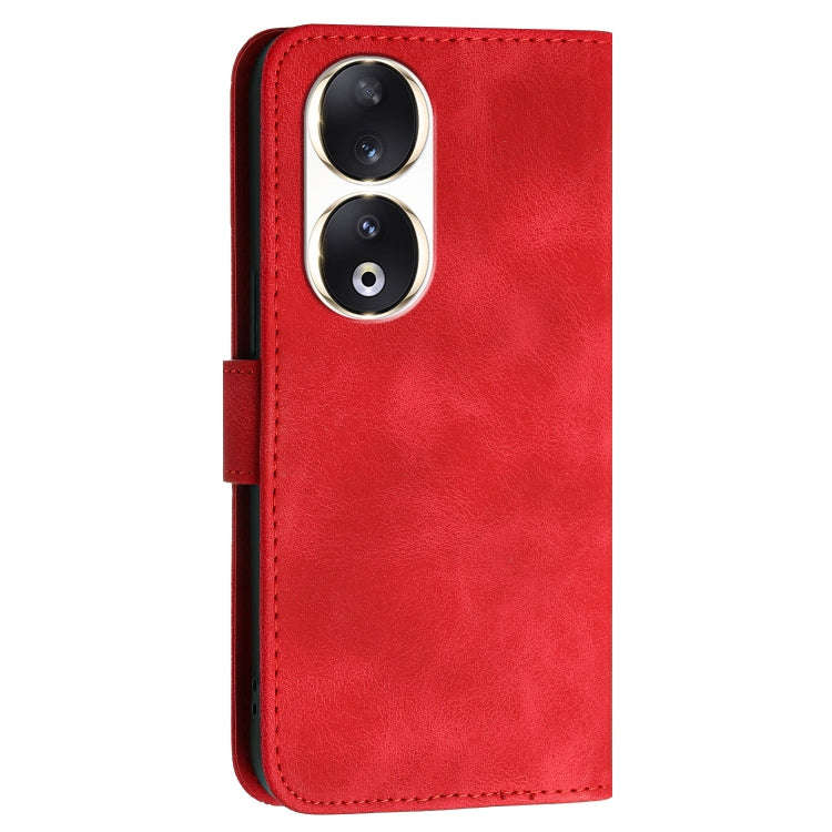 For Honor 90 Grid Butterfly Embossed Pattern Leather Phone Case with Lanyard(Red)