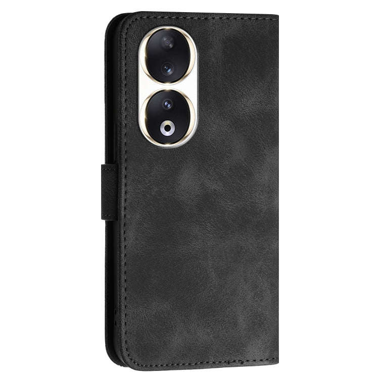 For Honor 90 Grid Butterfly Embossed Pattern Leather Phone Case with Lanyard(Black)
