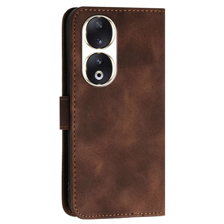 For Honor 90 Grid Butterfly Embossed Pattern Leather Phone Case with Lanyard(Coffee)