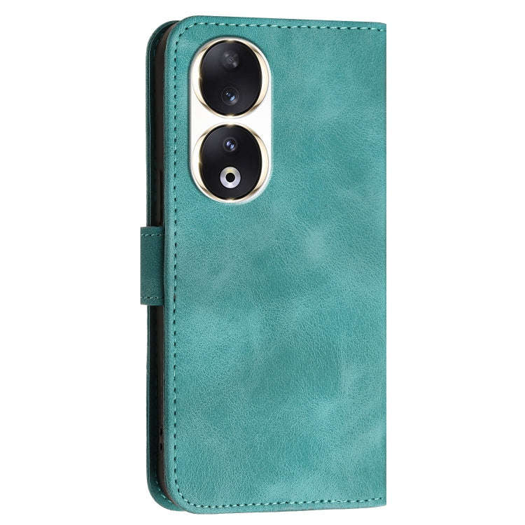 For Honor 90 Grid Butterfly Embossed Pattern Leather Phone Case with Lanyard(Light Blue)