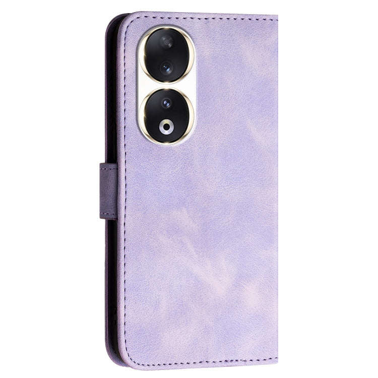 For Honor 90 Grid Butterfly Embossed Pattern Leather Phone Case with Lanyard(Light Purple)