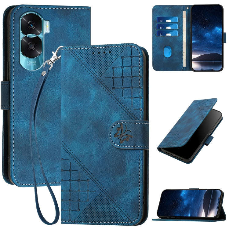 For Honor X50i 5G / 90 Lite Grid Butterfly Embossed Pattern Leather Phone Case with Lanyard(Dark ...