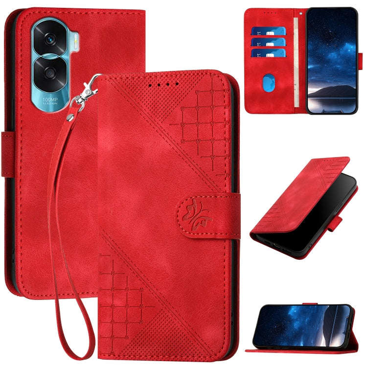 For Honor X50i 5G / 90 Lite Grid Butterfly Embossed Pattern Leather Phone Case with Lanyard(Red)
