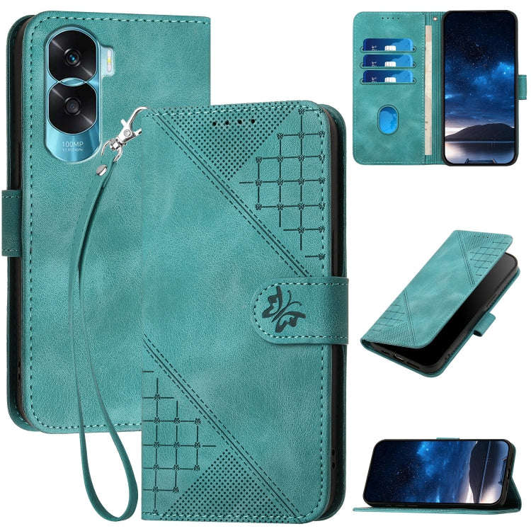 For Honor X50i 5G / 90 Lite Grid Butterfly Embossed Pattern Leather Phone Case with Lanyard(Light...